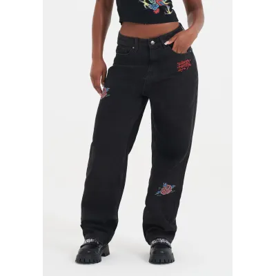 Ed Hardy Womens Blooming Death Relaxed Denim Trousers Jeans Μαύρο