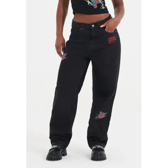Ed Hardy Womens Blooming Death Relaxed Denim Trousers Jeans Μαύρο
