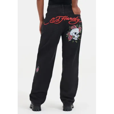 Ed Hardy Womens Blooming Death Relaxed Denim Trousers Jeans Μαύρο