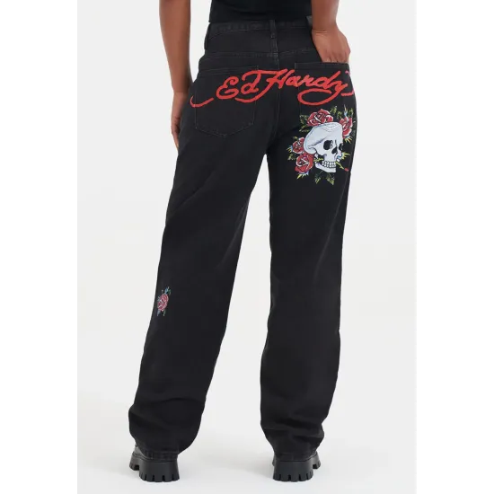 Ed Hardy Womens Blooming Death Relaxed Denim Trousers Jeans Μαύρο