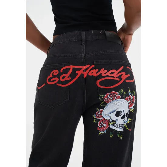 Ed Hardy Womens Blooming Death Relaxed Denim Trousers Jeans Μαύρο