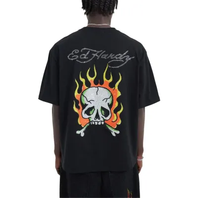 Ed Hardy  Skull Flame Diamante Mens T-Shirt Μαύρο