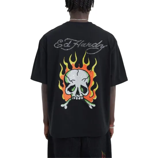 Ed Hardy  Skull Flame Diamante Mens T-Shirt Μαύρο