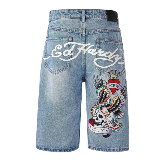 Ed Hardy Mens Nyc Skull Denim Jorts Shorts Μπλε