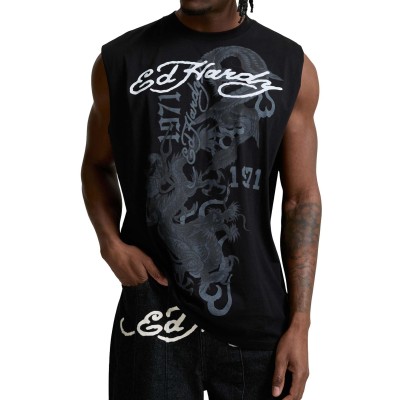 Ed Hardy Mens Flying Dragon Sleeveless T-Shirt Μαύρο