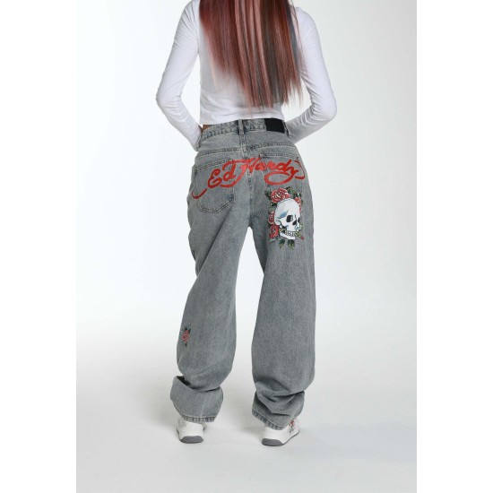 Ed Hardy Womens Blooming Death Relaxed Denim Trousers Jeans