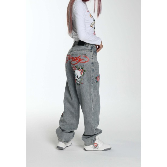 Ed Hardy Womens Blooming Death Relaxed Denim Trousers Jeans