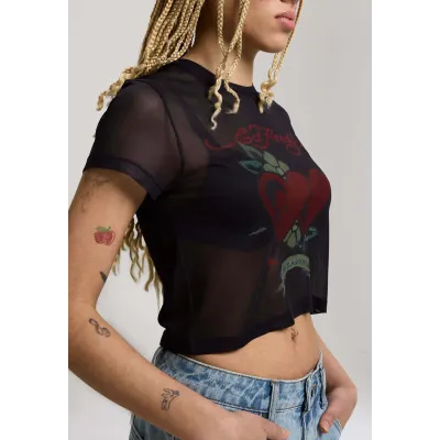 Ed Hardy WOMENS LIFE IS A GAMBLE MESH BABY TEE Μαύρο