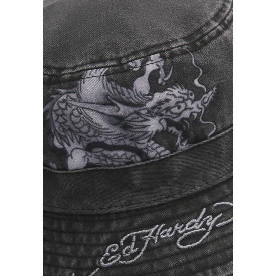 Ed Hardy Unisex Crawling Dragon Graphic Acid Wash Bucket Hat Charcoal Μαύρο