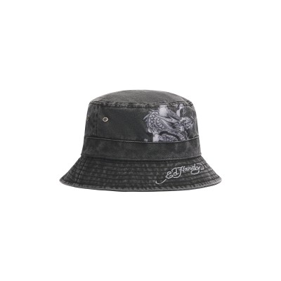 Ed Hardy Unisex Crawling Dragon Graphic Acid Wash Bucket Hat Charcoal Μαύρο