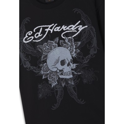 Ed Hardy Mens 1971 Skull Double Layer Relaxed T-Shirt Μαύρο