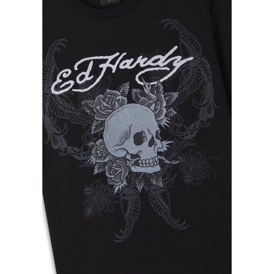 Ed Hardy Mens 1971 Skull Double Layer Relaxed T-Shirt Μαύρο