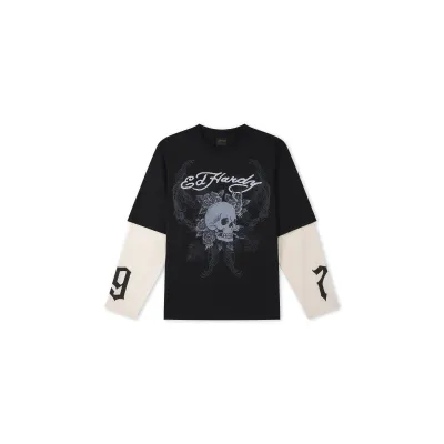 Ed Hardy Mens 1971 Skull Double Layer Relaxed T-Shirt Μαύρο