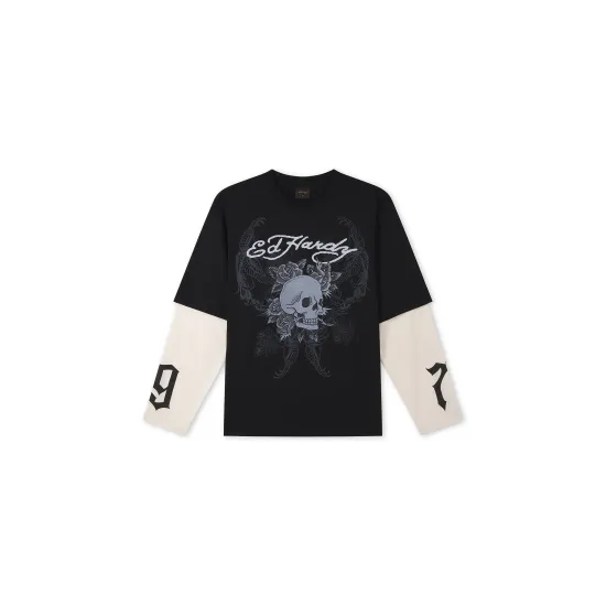 Ed Hardy Mens 1971 Skull Double Layer Relaxed T-Shirt Μαύρο