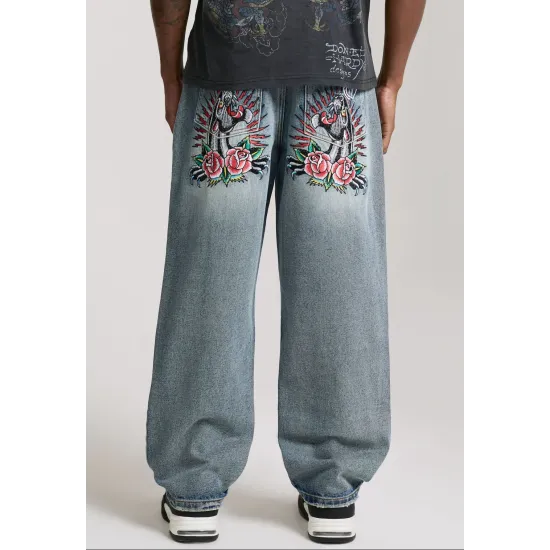 Ed Hardy Mens Embroidered Panther Relaxed Jeans