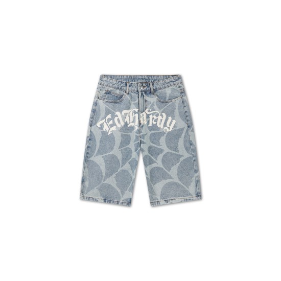 Ed Hardy Mens Gothic Ed Hardy Cobweb Denim Jorts Μπλε