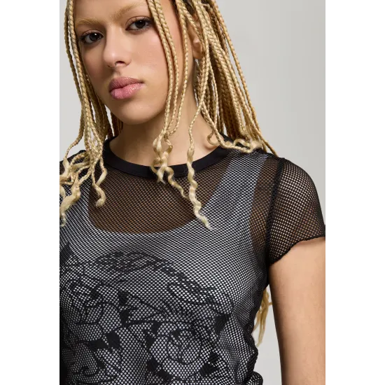 Ed Hardy Womens Double Layer Climbing Rose Mesh Tee Μαύρο
