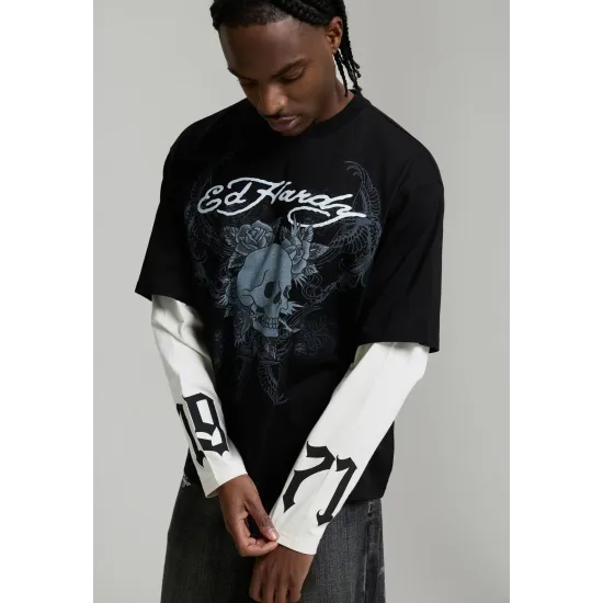 Ed Hardy Mens 1971 Skull Double Layer Relaxed T-Shirt Μαύρο
