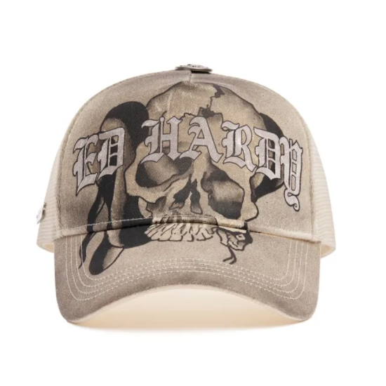 Ed Hardy Unisex Gothic Skull Graphic 5 Panel Trucker Cap Μπεζ