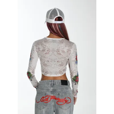 Ed Hardy Womens Koi Paradise Mesh Long sleeve T-Shirt Άσπρο