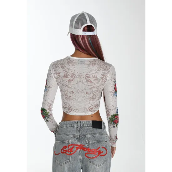 Ed Hardy Womens Koi Paradise Mesh Long sleeve T-Shirt Άσπρο