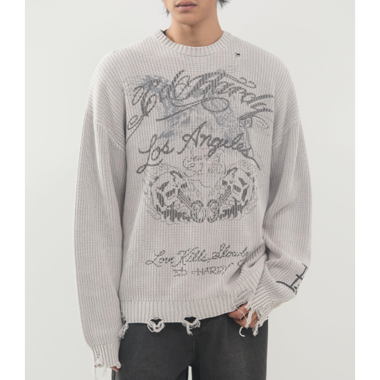 ED HARDY Soaring Los Angeles Cotton Knitted Crew Neck Jumper Γκρι