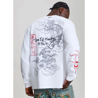 Ed Hardy Flying Twin Dragon Graphic Long Sleeve T-Shirt Άσπρο