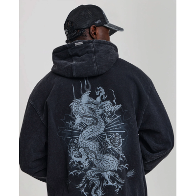 Ed Hardy Mens Gothic Flaming Dragon Acid Wash Relaxed Hoodie Μαύρο