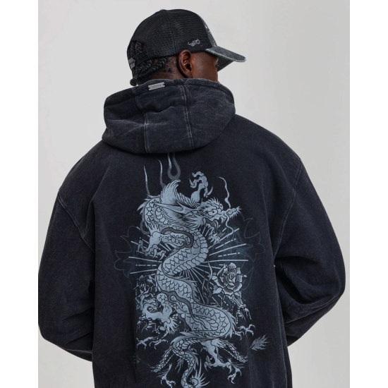 Ed Hardy Mens Gothic Flaming Dragon Acid Wash Relaxed Hoodie Μαύρο
