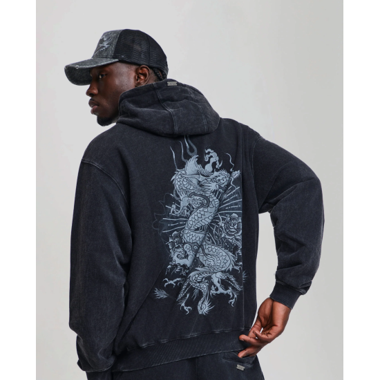 Ed Hardy Mens Gothic Flaming Dragon Acid Wash Relaxed Hoodie Μαύρο