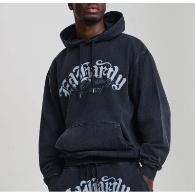 Ed Hardy Mens Gothic Flaming Dragon Acid Wash Relaxed Hoodie Μαύρο