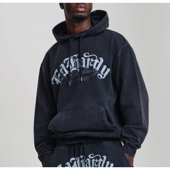 Ed Hardy Mens Gothic Flaming Dragon Acid Wash Relaxed Hoodie Μαύρο