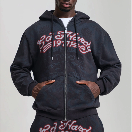 Ed Hardy Shadow Eagle Graphic Relaxed Zip Thru Hoodie Black Μαύρο