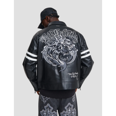 Ed Hardy Flaming Hellcat OU Moto Jacket Μαύρο