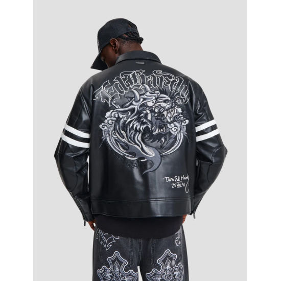 Ed Hardy Flaming Hellcat OU Moto Jacket Μαύρο