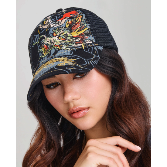 Ed Hardy Crawling Dragon 5 Panel Trucker Cap Μαύρο