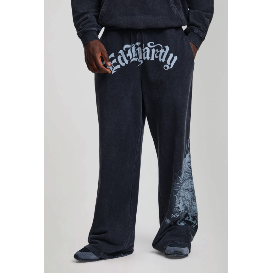 Ed Hardy Gothic Flaming Dragon Acid Wash Relaxed Joggers Γκρι