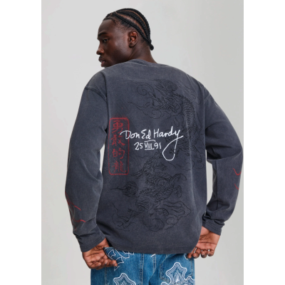 Ed Hardy Flying Twin Dragon Graphic Long Sleeve T-Shirt Γκρι