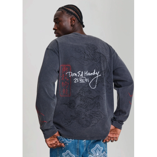 Ed Hardy Flying Twin Dragon Graphic Long Sleeve T-Shirt Γκρι