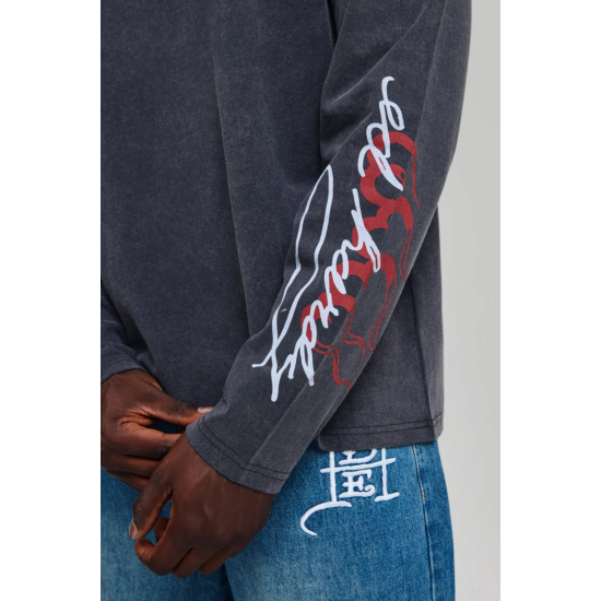 Ed Hardy Flying Twin Dragon Graphic Long Sleeve T-Shirt Γκρι