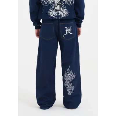 Ed Hardy Mens Dragon Embroidered Jeans Indigo 