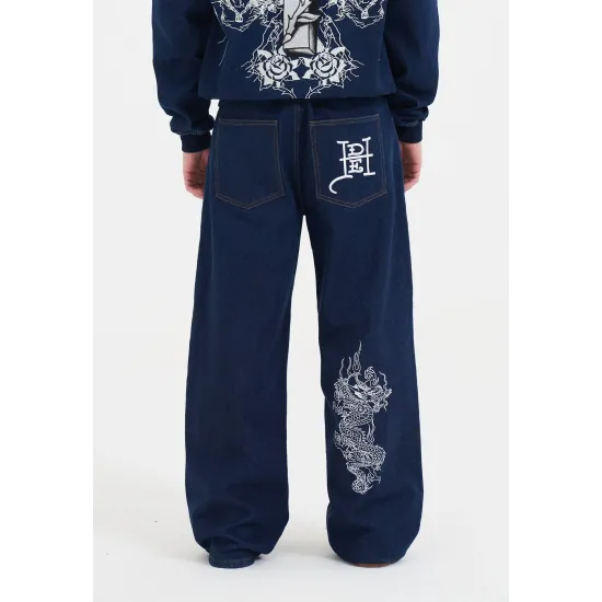 Ed Hardy Mens Dragon Embroidered Jeans Indigo 