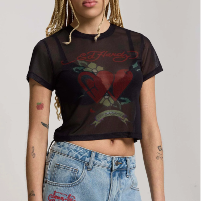 Ed Hardy WOMENS LIFE IS A GAMBLE MESH BABY TEE Μαύρο