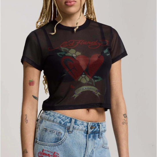 Ed Hardy WOMENS LIFE IS A GAMBLE MESH BABY TEE Μαύρο