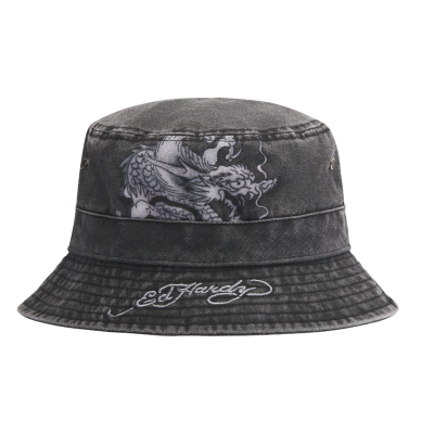 Ed Hardy Unisex Crawling Dragon Graphic Acid Wash Bucket Hat Charcoal Μαύρο