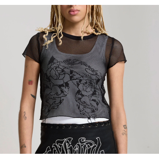 Ed Hardy Womens Double Layer Climbing Rose Mesh Tee Μαύρο