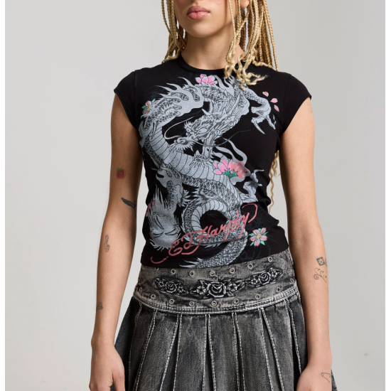 Ed Hardy Womens Rising Dragon Floral Cap Sleeve Fitted Tee Μαύρο
